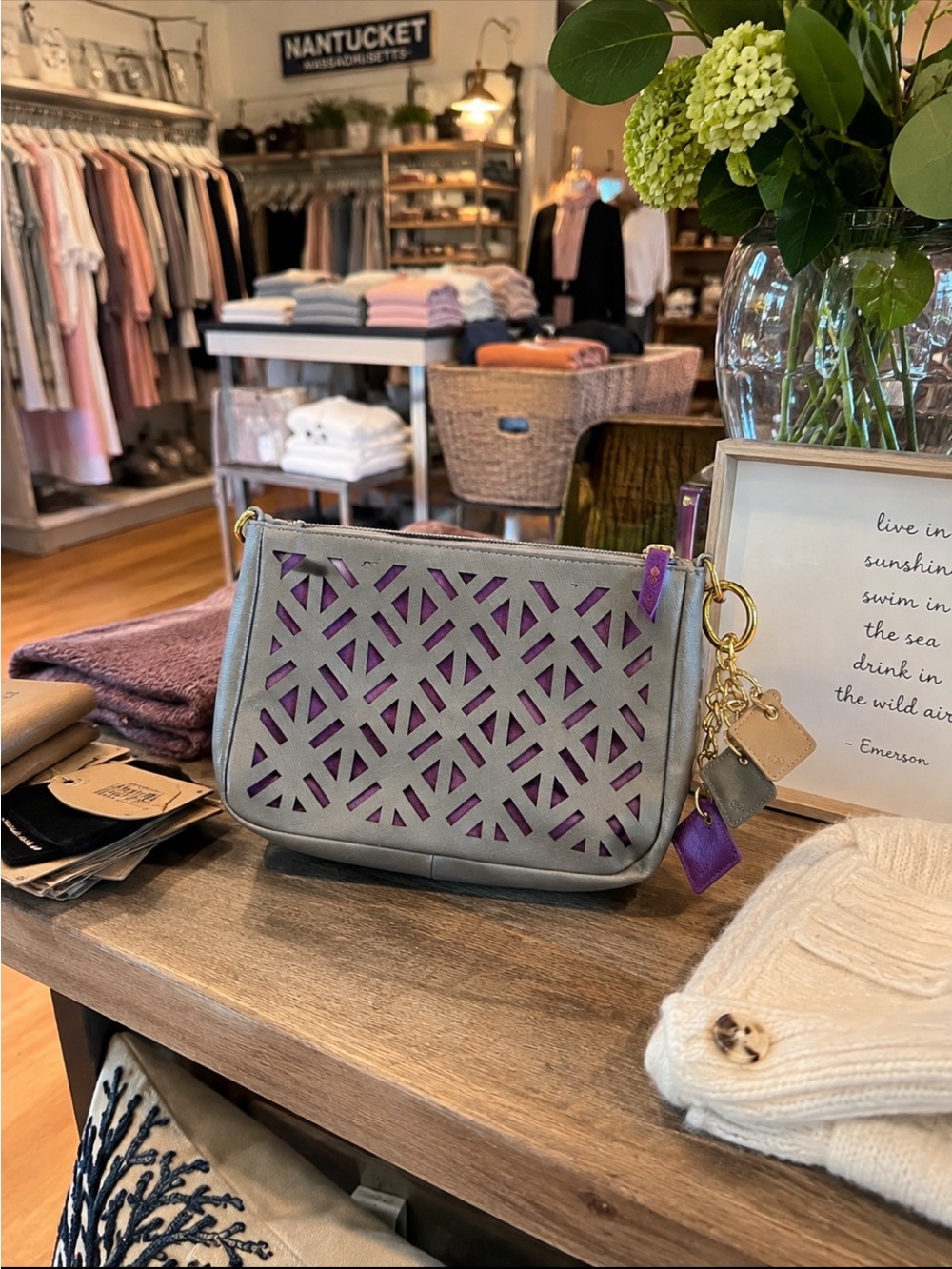 Claudia G Gray & Purple Cutout Leather Wristlet Pouch & Key Tag
